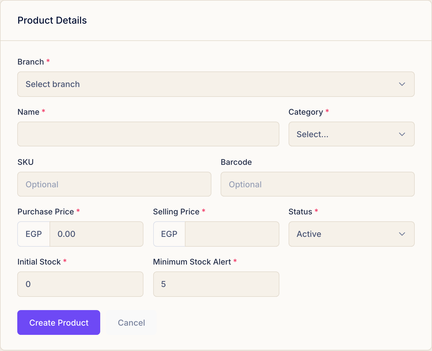 The New Product form with fields for branch, name, category, SKU, barcode, purchase price, selling price, status, initial stock and minimum stock alert.