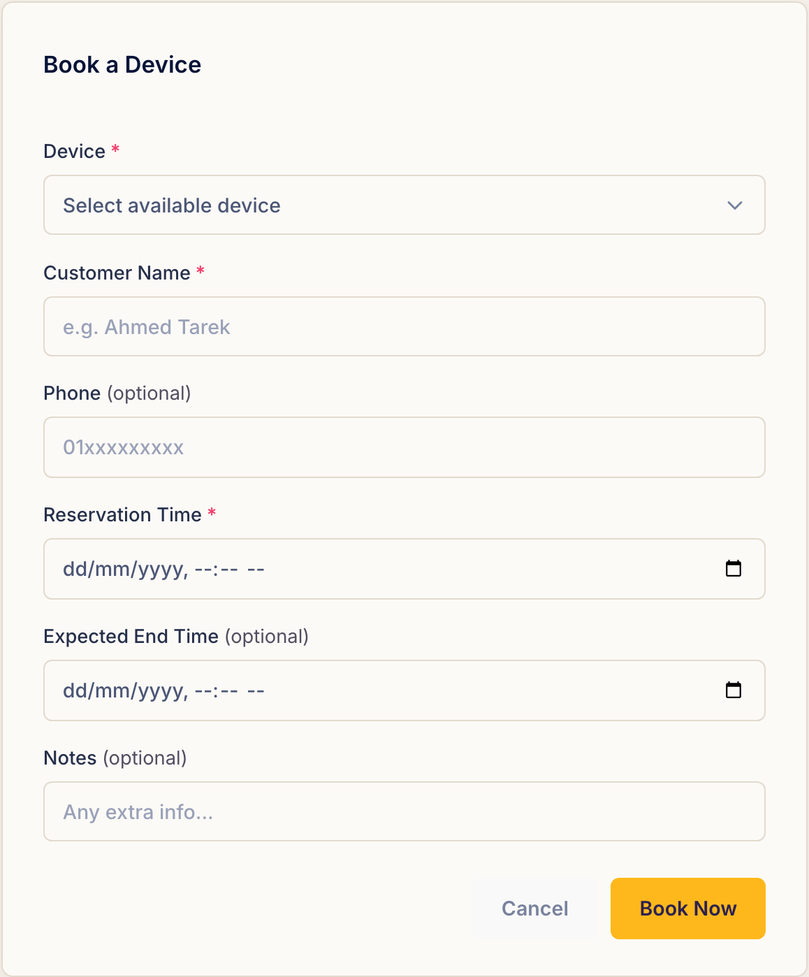 The Book a Device form with fields for device, customer name, phone, reservation time, expected end time and notes.