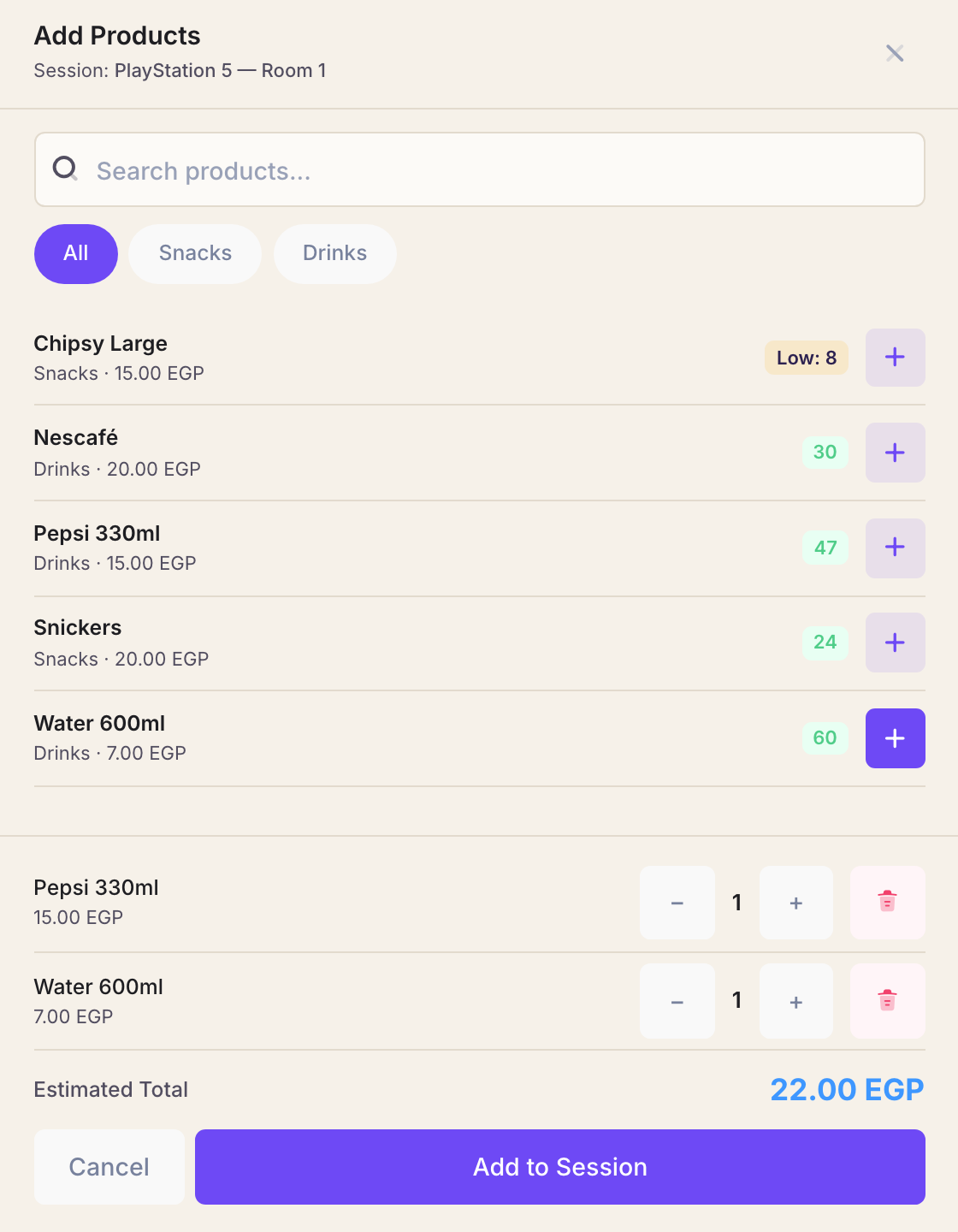 The Add Products panel listing drinks and snacks with prices and remaining stock, each with a plus button, and an estimated total at the bottom.