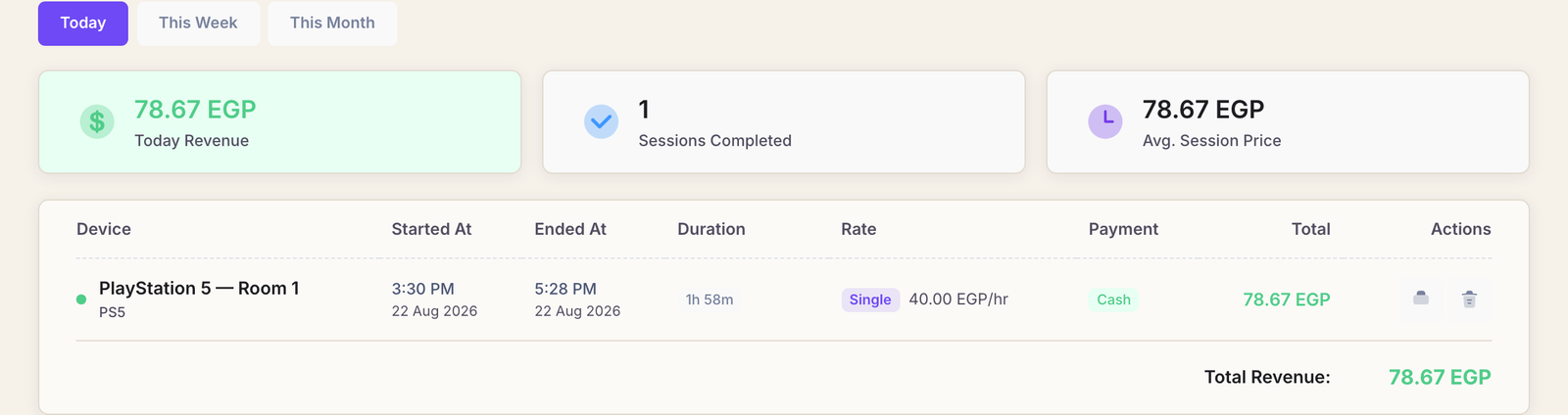 The Completed Sessions page with today revenue, sessions completed and average session price, above a table of finished sessions.