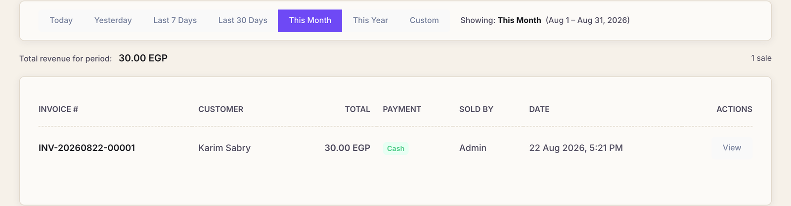 The Sales page listing completed sales with their invoice number, customer, total and payment method.