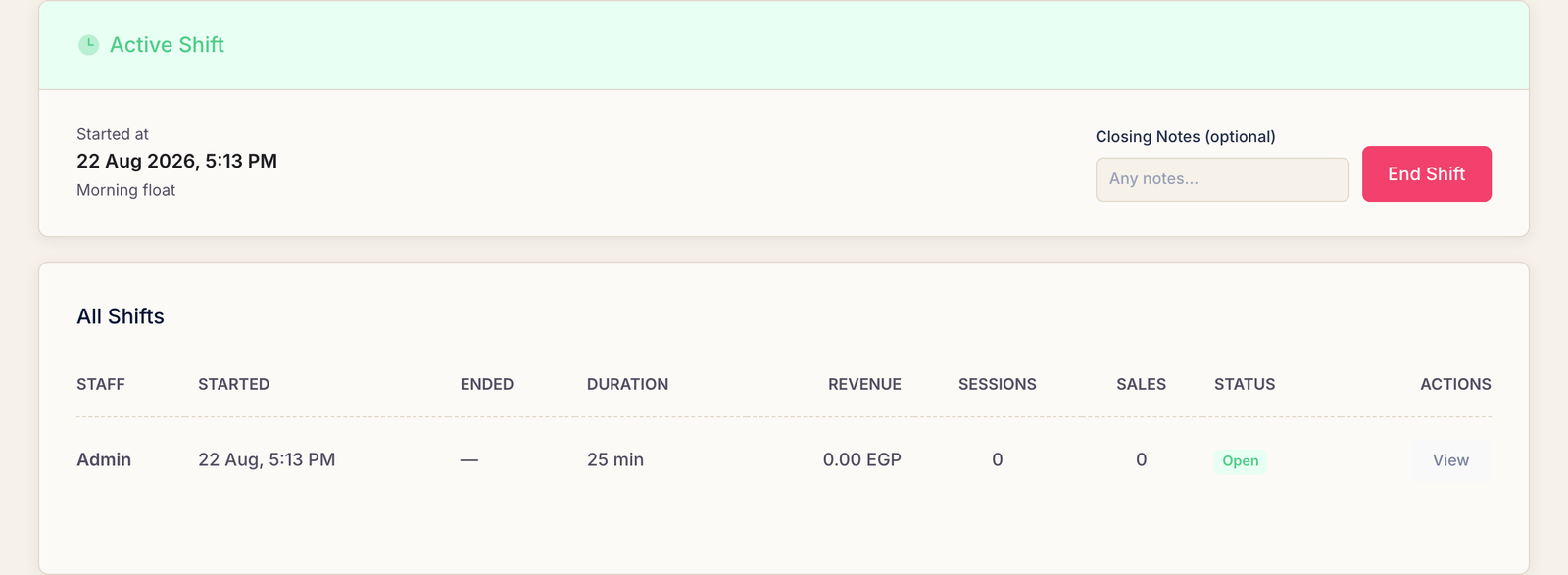 The Shifts page with the active shift panel showing when it started, a closing notes field and an End Shift button, above a table of all shifts.