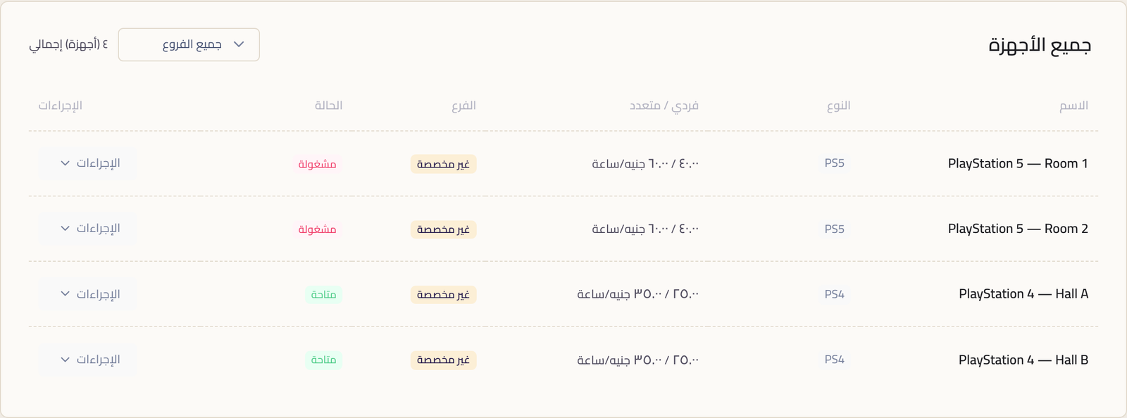 صفحة الأجهزة في Rank وفيها أربع أجهزة بنوعها وأسعارها بالساعة والفرع والحالة.