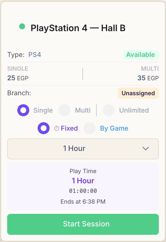 Device card with Fixed selected, showing a duration list set to 1 Hour and a play-time preview reading 01:00:00 with an end time.