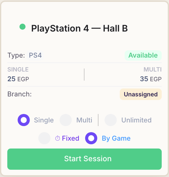 Device card with By Game selected and no duration list, ready to charge per match.