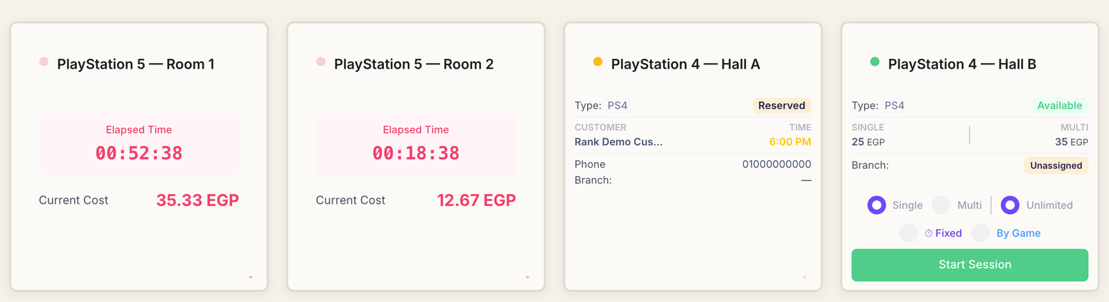The device overview grid: two PlayStations in play showing elapsed time and current cost, one card holding a booking, and one available showing its hourly rates.